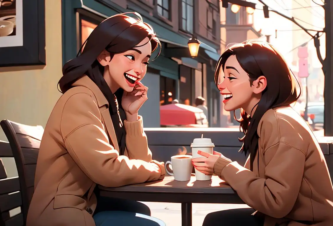 Two people, arms linked, laughing together in a cozy coffee shop, trendy outfits, urban setting..