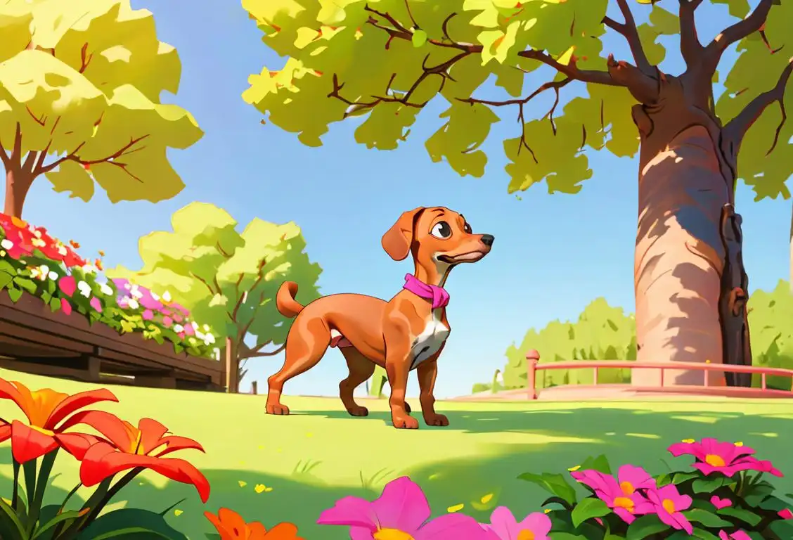 A cute, long-bodied dachshund wearing a stylish bandana, exploring a scenic park with colorful flowers and tall trees..