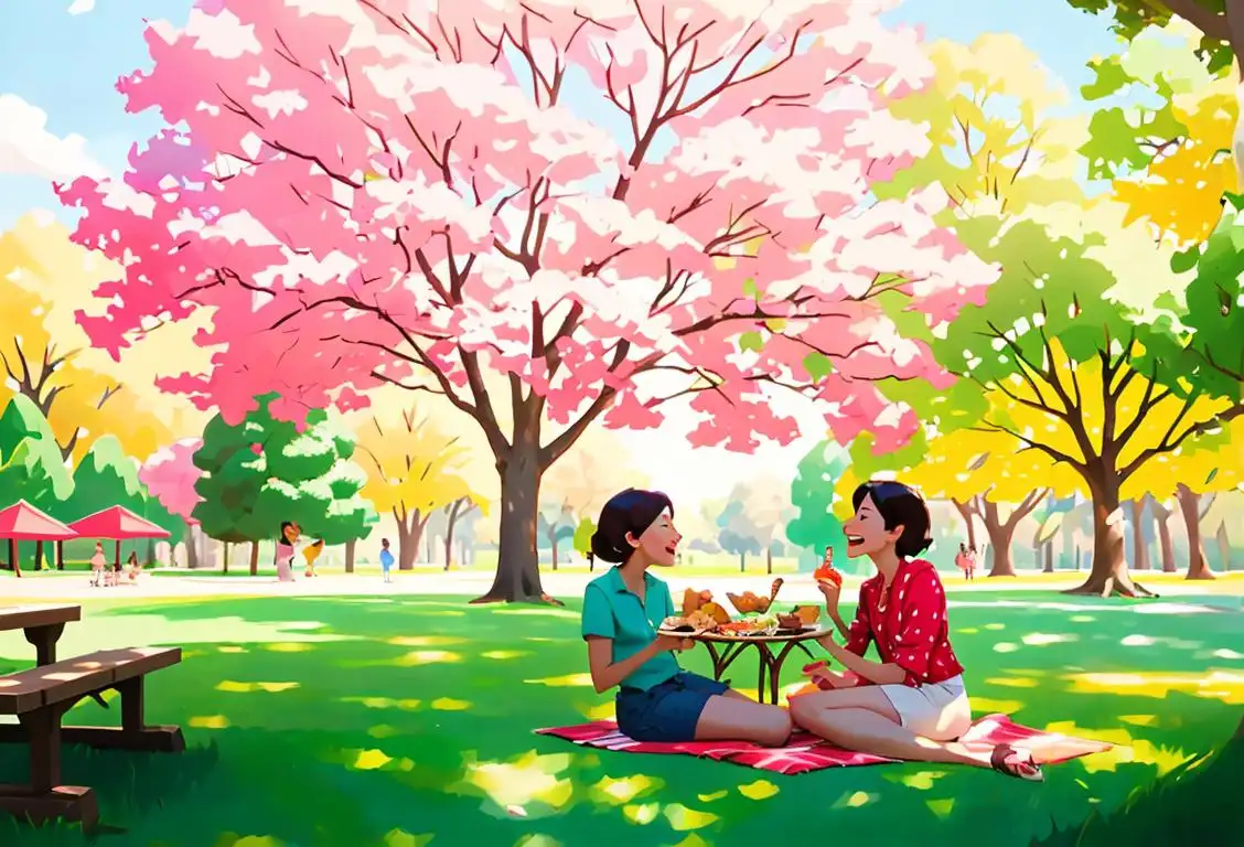 Two friends sharing a picnic under a vibrant tree, wearing summer outfits, surrounded by park activities and basking in a sense of togetherness..