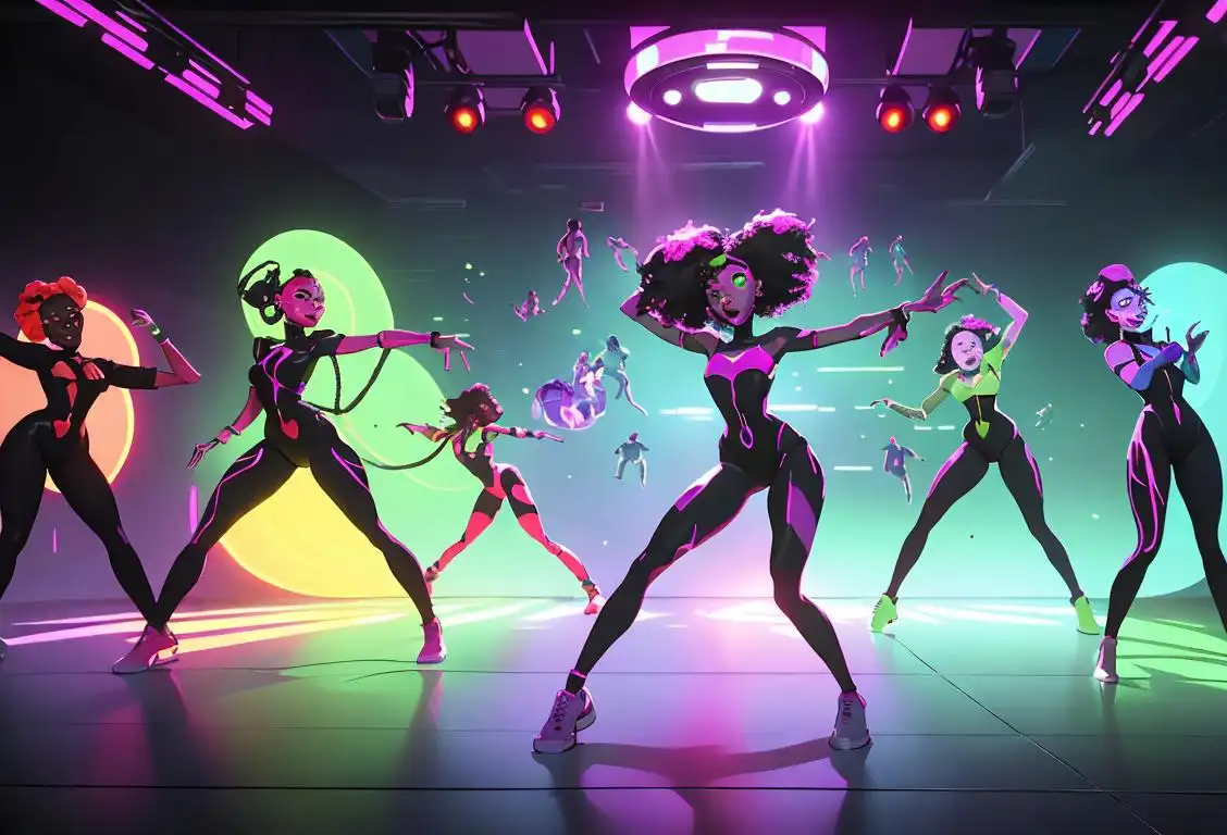 A group of dancers, wearing futuristic outfits, surrounded by colorful laser lights, jamming to dubstep beats..