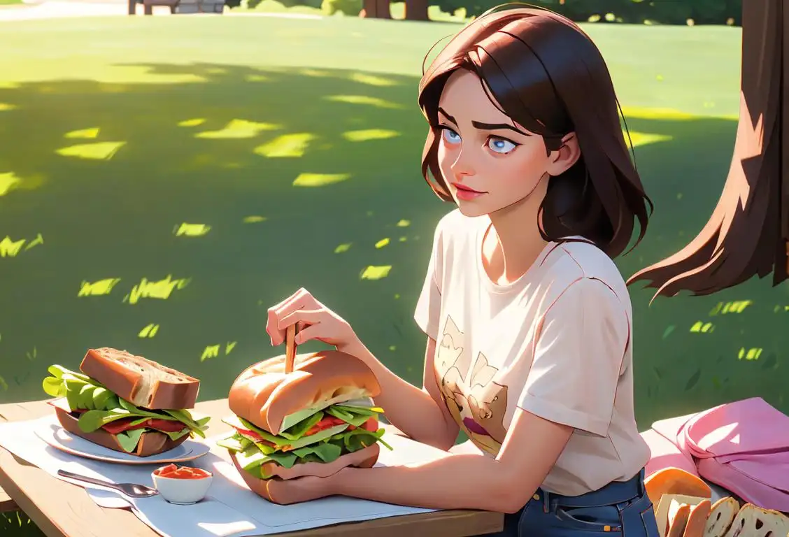 Young woman holding a sandwich with her favorite fillings, wearing a casual t-shirt, outdoor picnic scene with friends..
