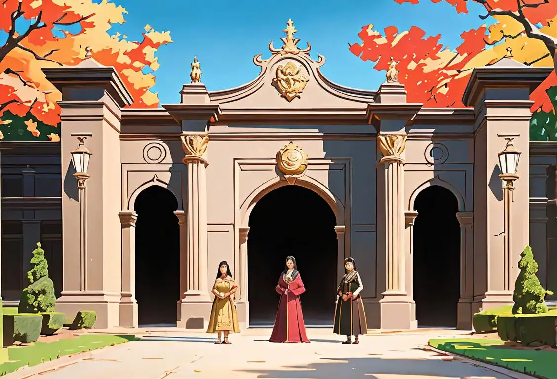 Group of gate enthusiasts standing in front of a grand gate, discussing its intricate design and history. Fashionable outfits, diverse backgrounds, and beautiful park setting..