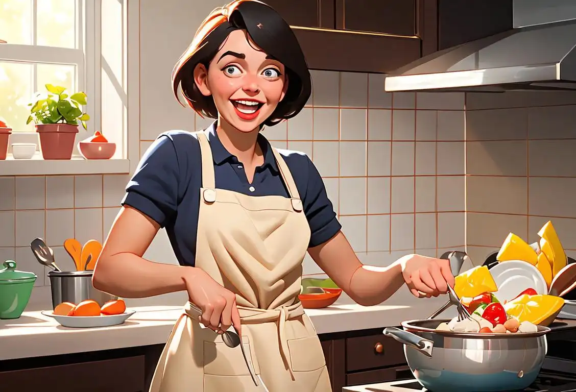 A cheerful person in a kitchen, wearing an apron and holding a mixing bowl. Utensils scattered around, food spilling and laughter filling the air..