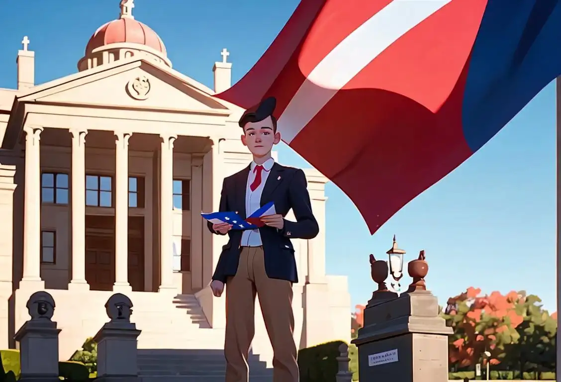Young person holding a ballot, wearing a patriotic outfit, standing in front of a historic government building..