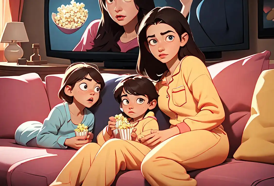 Young family sitting together on a couch, holding TV remotes, wearing comfy pajamas, surrounded by popcorn and blankets..