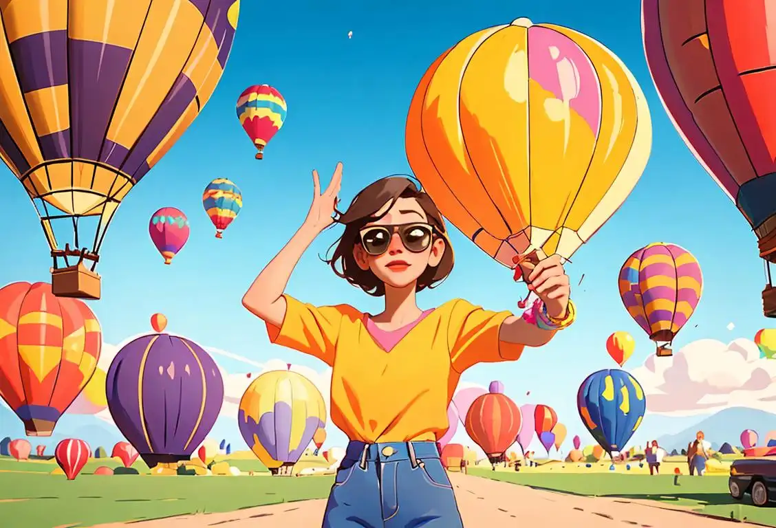Young person reaching for the sky, wearing sunglasses, bright and colorful summer fashion, surrounded by hot air balloons..