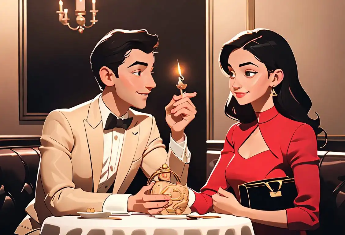 Young man presenting a beautifully wrapped Louis Vuitton handbag to a smiling young woman in a classy restaurant, elegant outfits, candlelit ambiance..