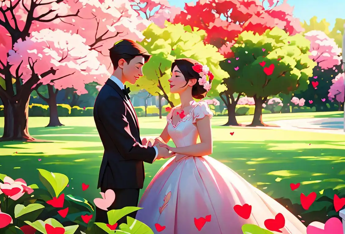 Young couple embracing, surrounded by hearts and flowers, dressed in romantic attire, park setting.