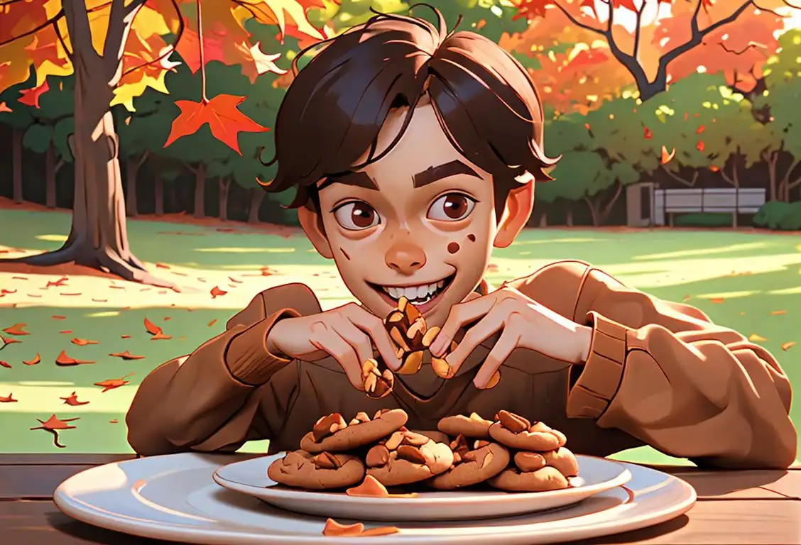 Happy person (possibly a child) holding a plate of peanut butter cookies, surrounded by roasted peanuts and jerky strips, with autumn leaves in the background..