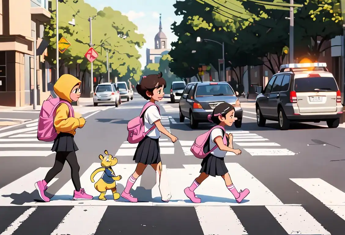 Child wearing a bright, reflective backpack, crossing a zebra crosswalk with friends, smiling school mascot nearby..