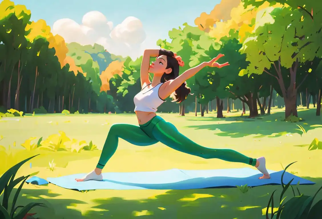 Young woman in colorful leggings, doing a yoga pose, surrounded by lush green nature..