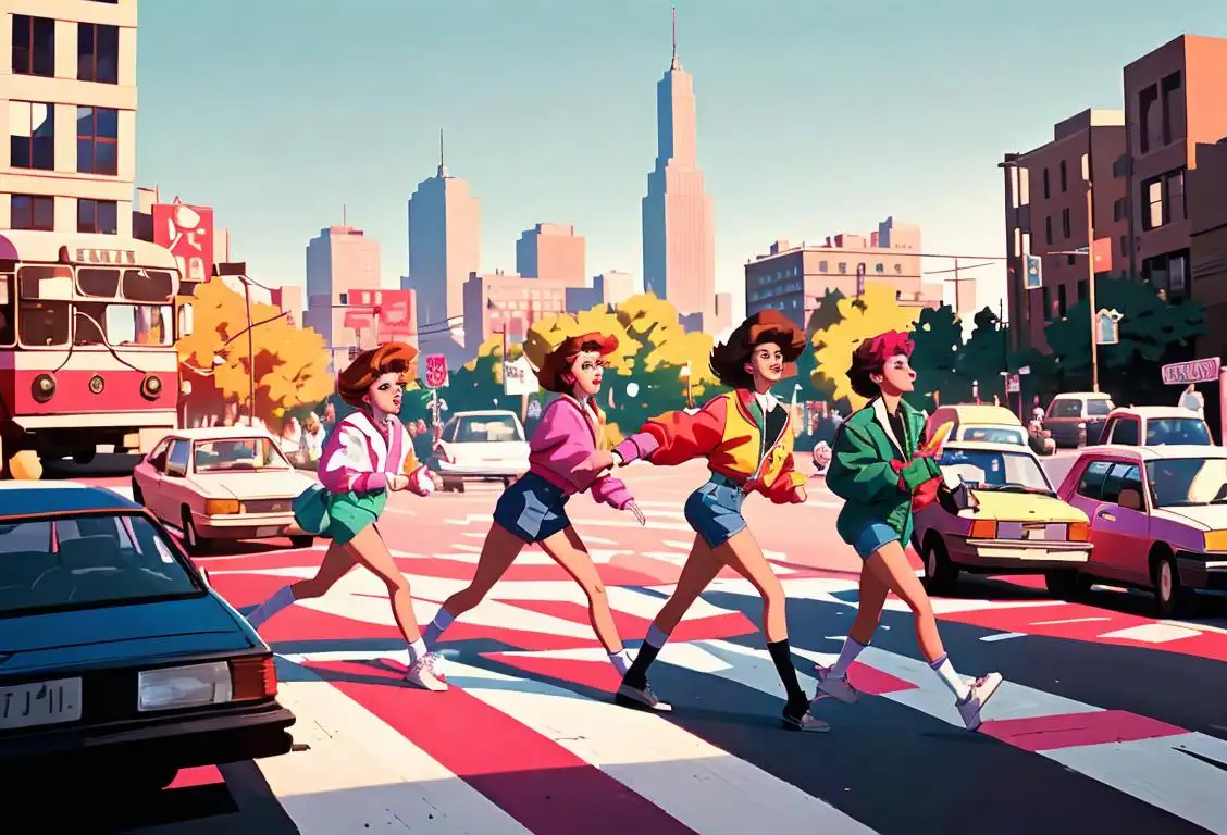 High school students crossing a colorful intersection, wearing varsity jackets, 80s fashion, city skyline backdrop..