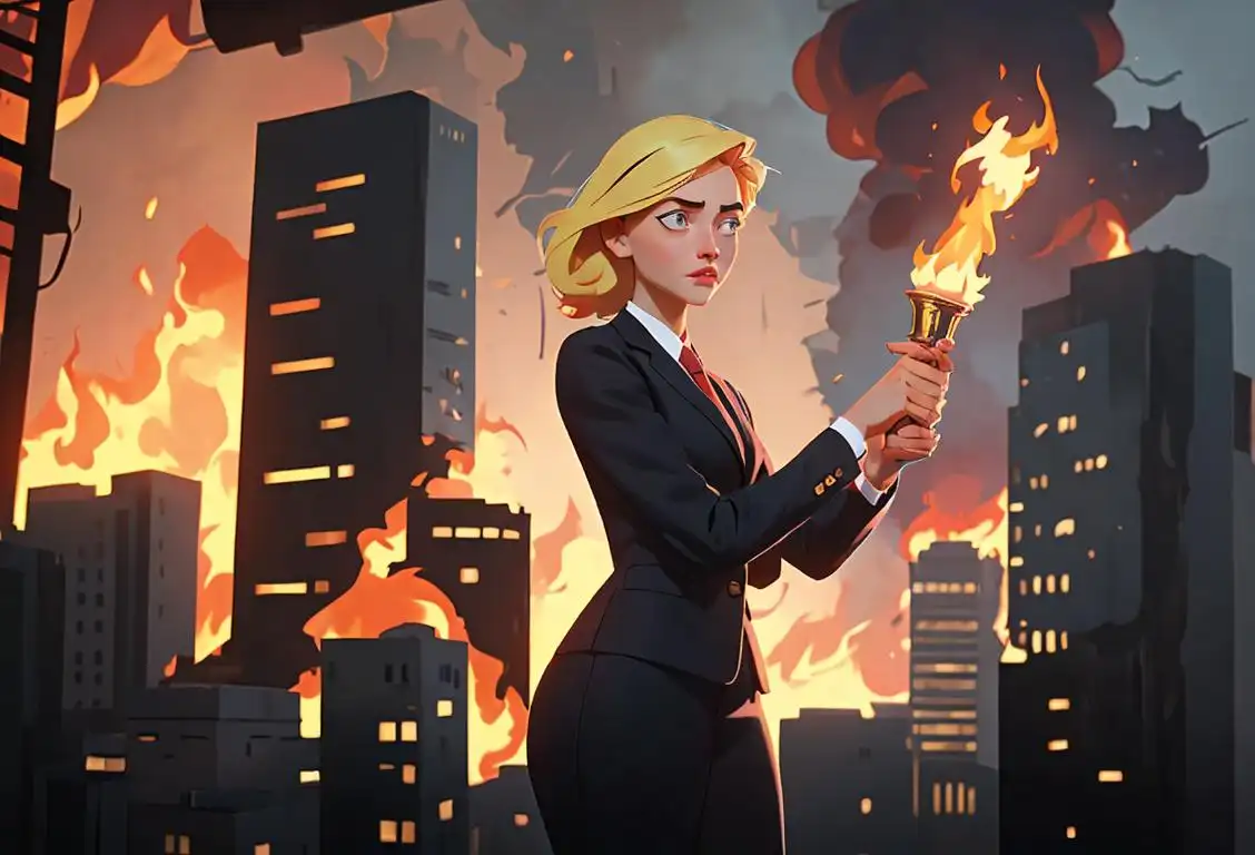 Young woman in business attire, holding a burning torch symbolizing hope, amidst a chaotic city scene, National Crisis on the Same Day..