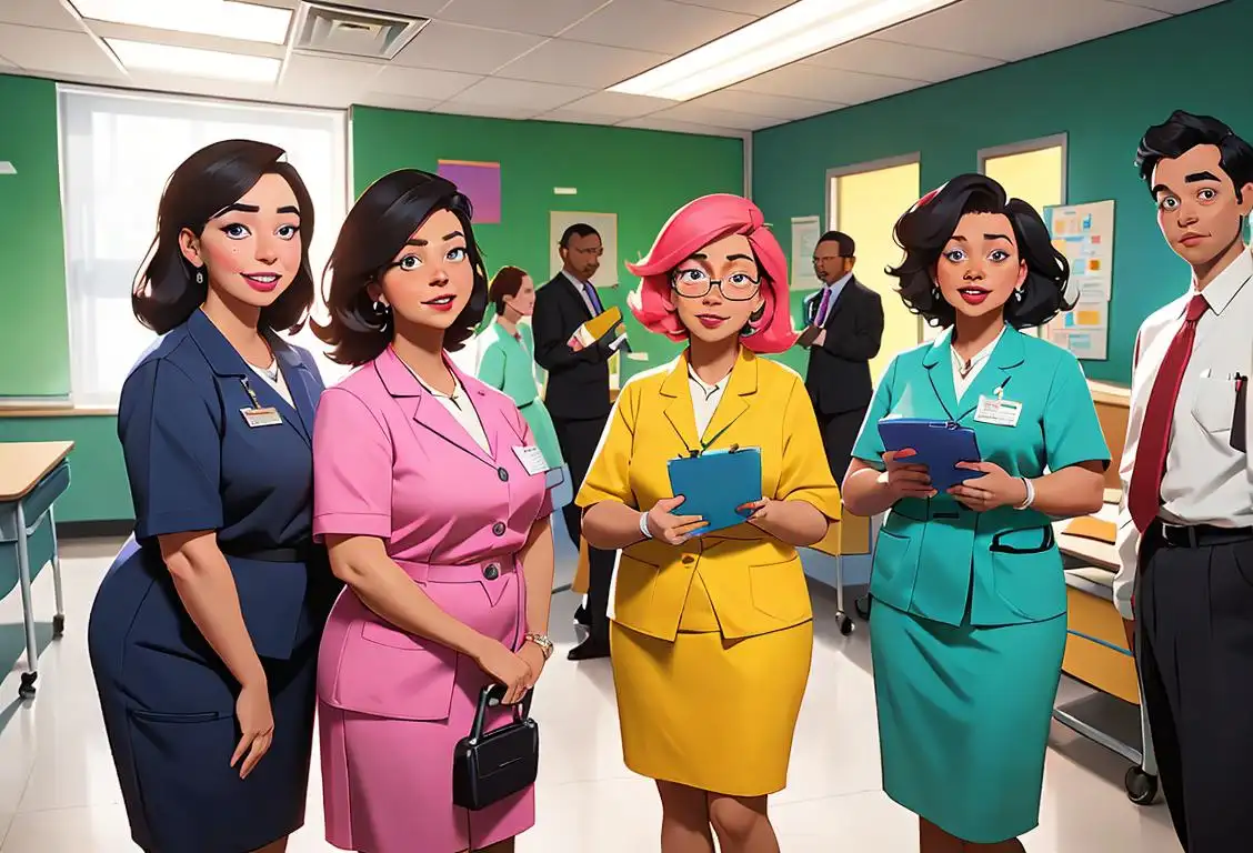 A group of diverse paraprofessionals wearing colorful outfits, helping professionals in different settings like classrooms, offices, and hospitals..
