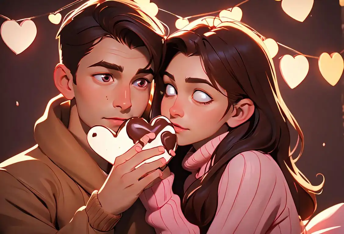 Young couple sharing a heart-shaped chocolate while embracing in a cozy winter setting, dressed in warm sweaters and surrounded by twinkling fairy lights..