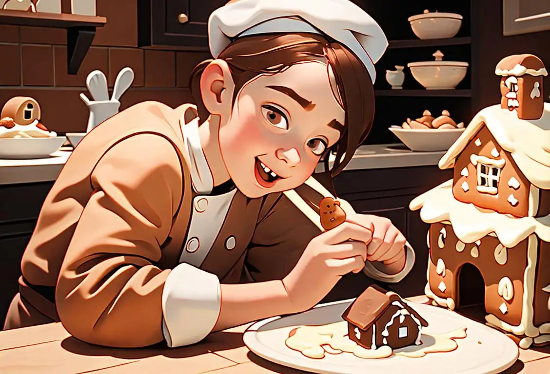 A joyful child wearing a chef's hat, surrounded by gingerbread house ingredients and decorating tools, in a festive kitchen scene.