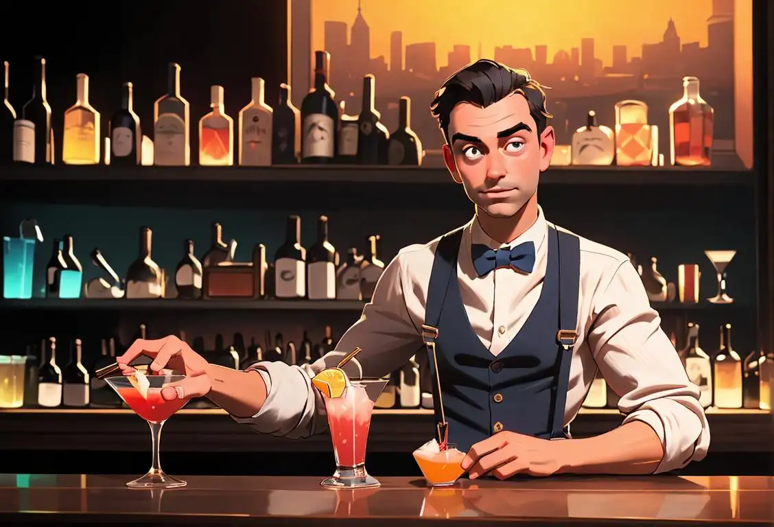 Bartender in a trendy bar, shaking a cocktail, wearing suspenders and a bowtie, surrounded by a vibrant cityscape..