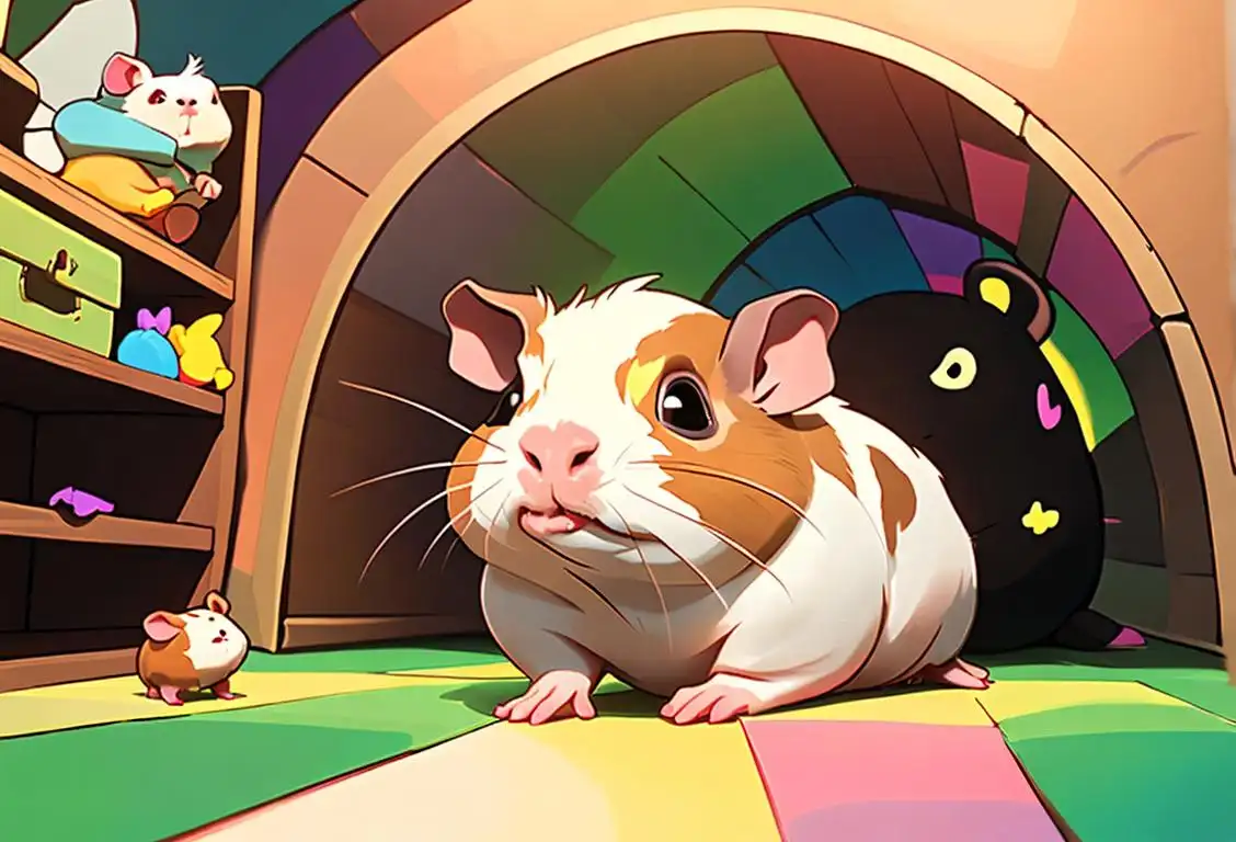 Cute little guinea pig with colorful accessories, like a bow tie or a tiny party hat, exploring a cozy indoor play area full of tunnels and toys..