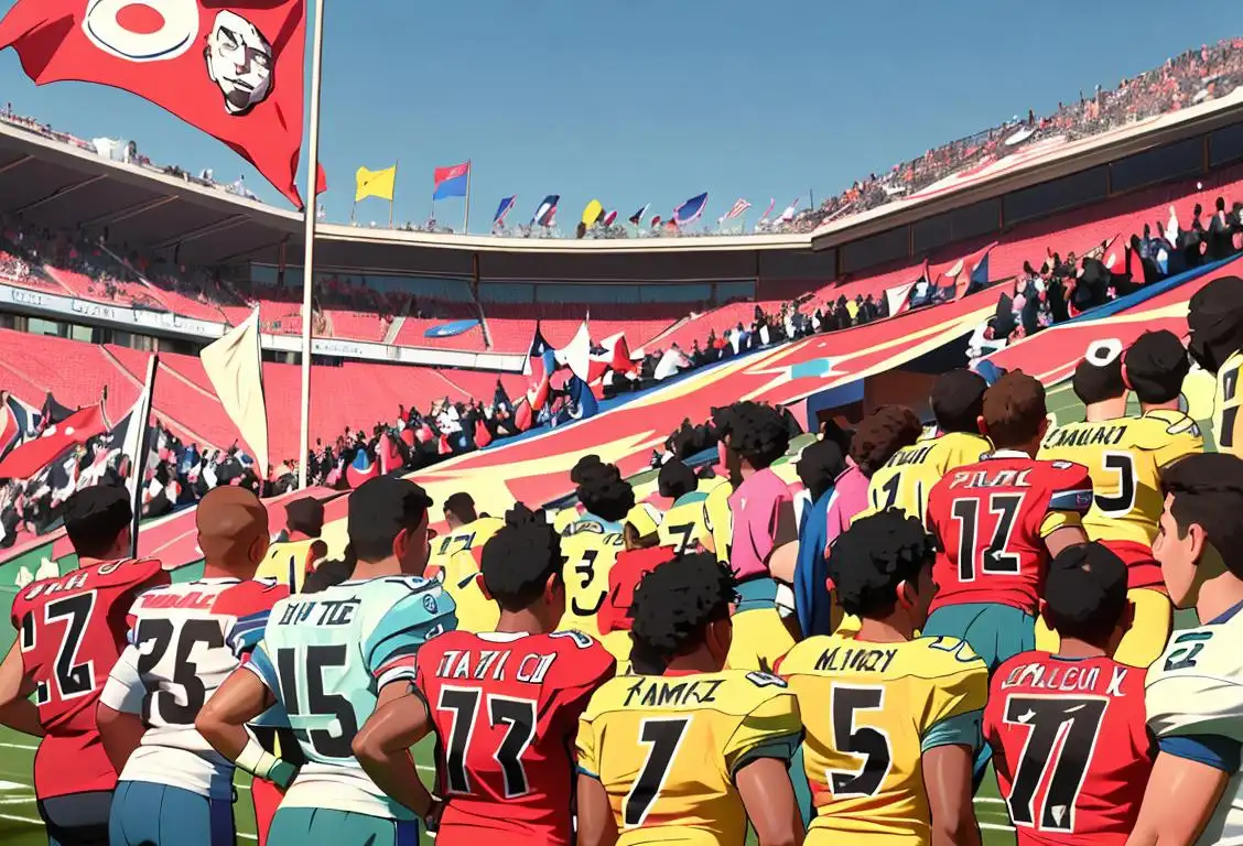 A group of diverse football fans cheering in their team jerseys, surrounded by colorful flags and banners, showing their unwavering support on National Football League and Believed in Me Day..