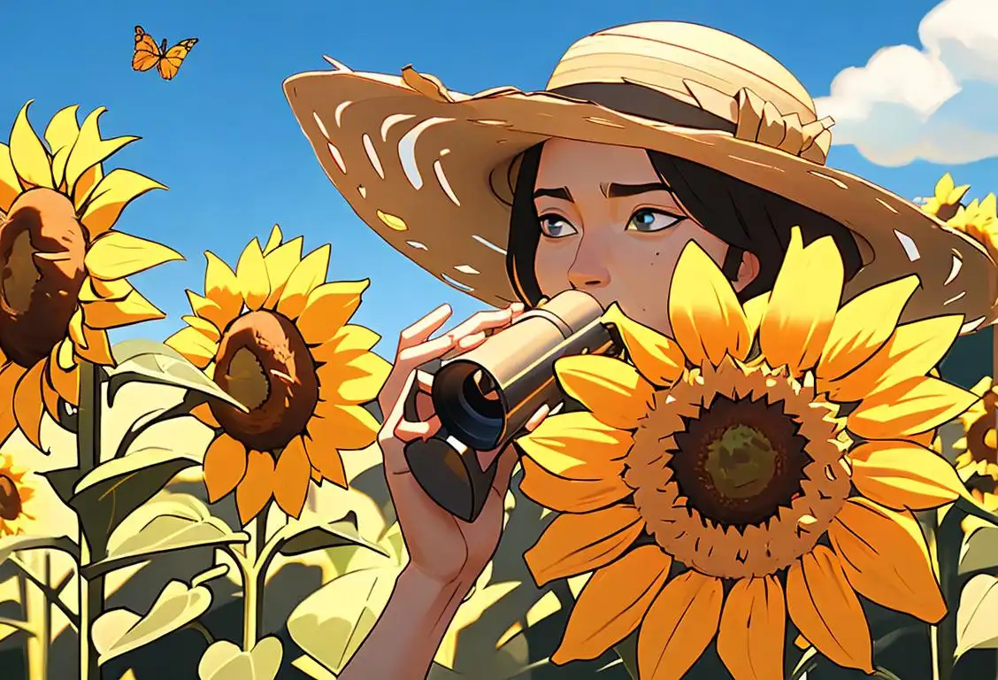 A person in a sunflower field, wearing a straw hat and holding binoculars, observing a monarch butterfly in flight..