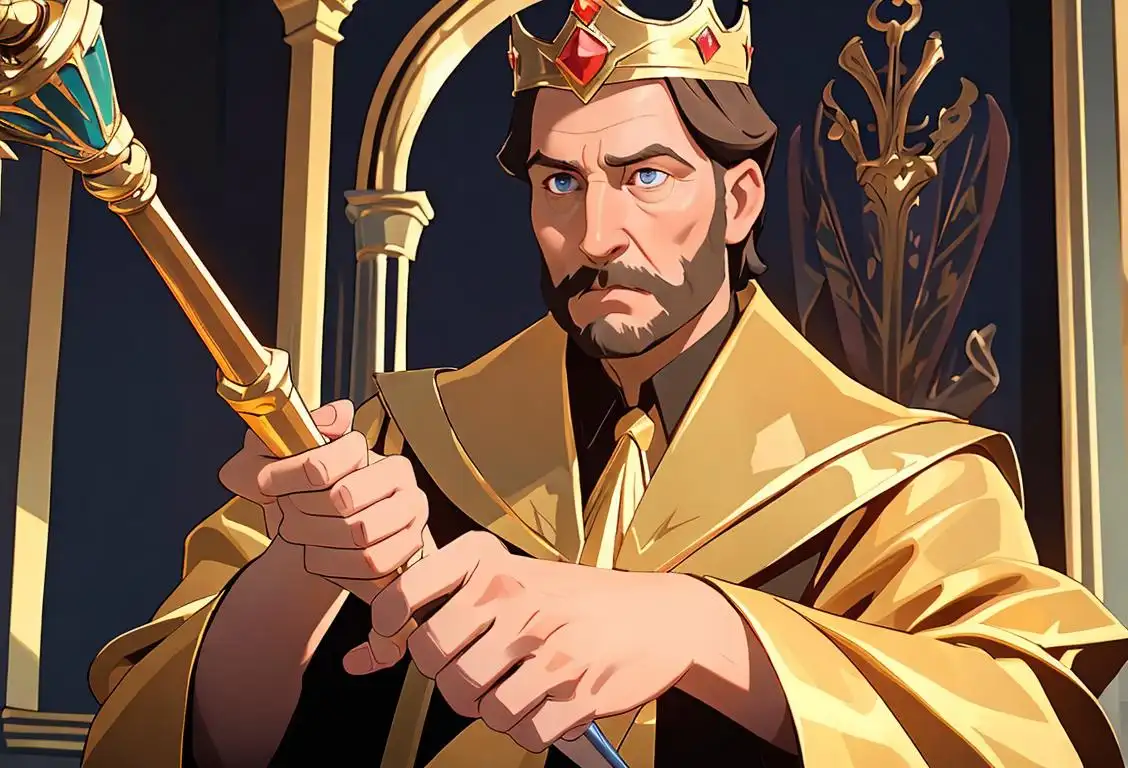 Man wearing a modern crown, holding a scepter, dressed in regal attire, majestic castle backdrop..