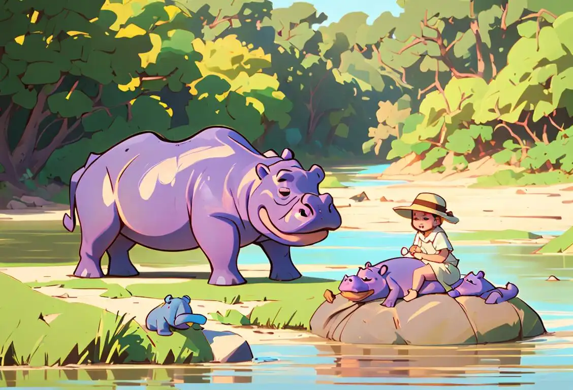 A family of hippos basking in the sun by a river, surrounded by lush greenery, and a child wearing a safari hat admiring them..