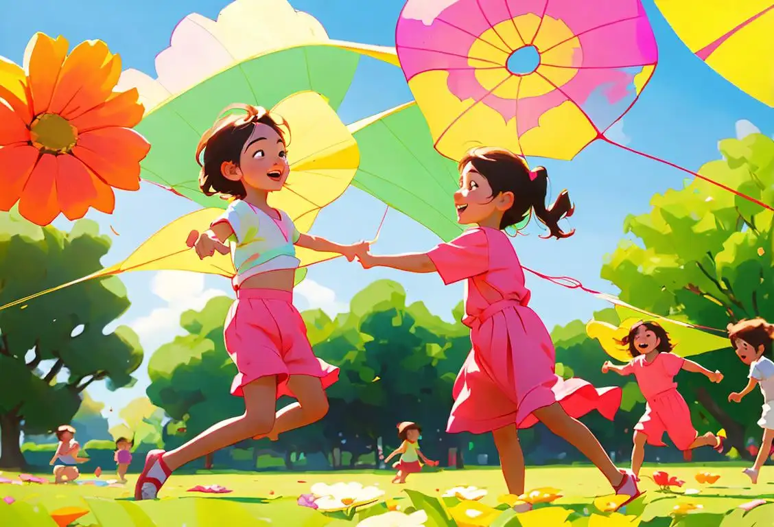 Joyful children playing with kites in a sunny park, wearing colorful summer outfits, surrounded by a blooming garden..