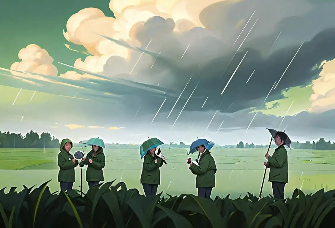 A group of weather enthusiasts, wearing rain jackets, holding weather instruments, observing the sky in a lush green field..