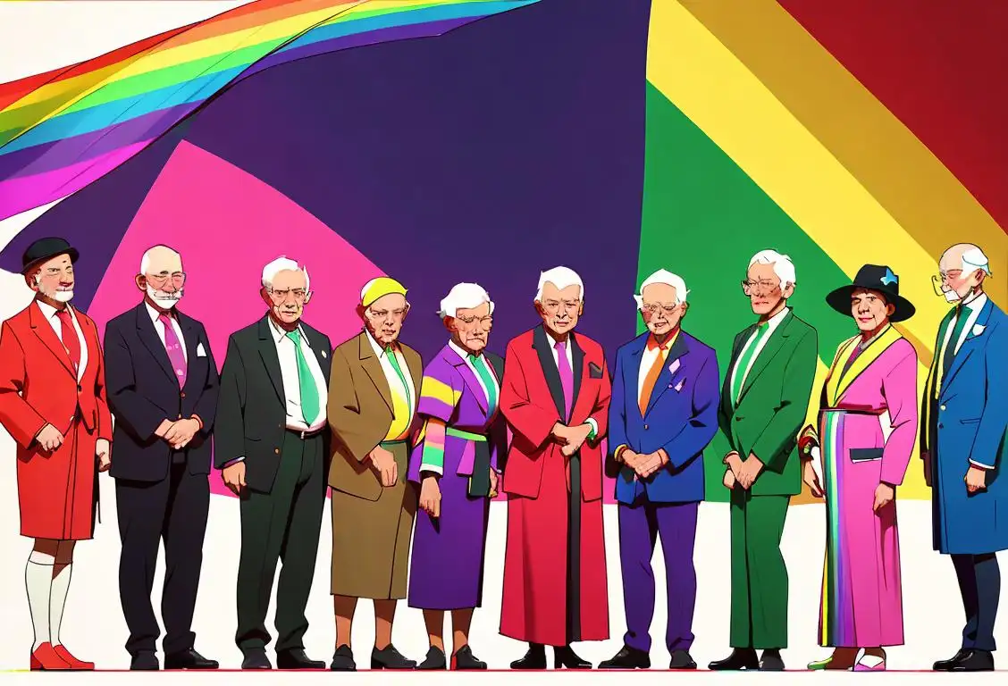 A group of diverse LGBTQ+ elders standing together, dressed stylishly in colorful outfits, with a pride flag in the background..
