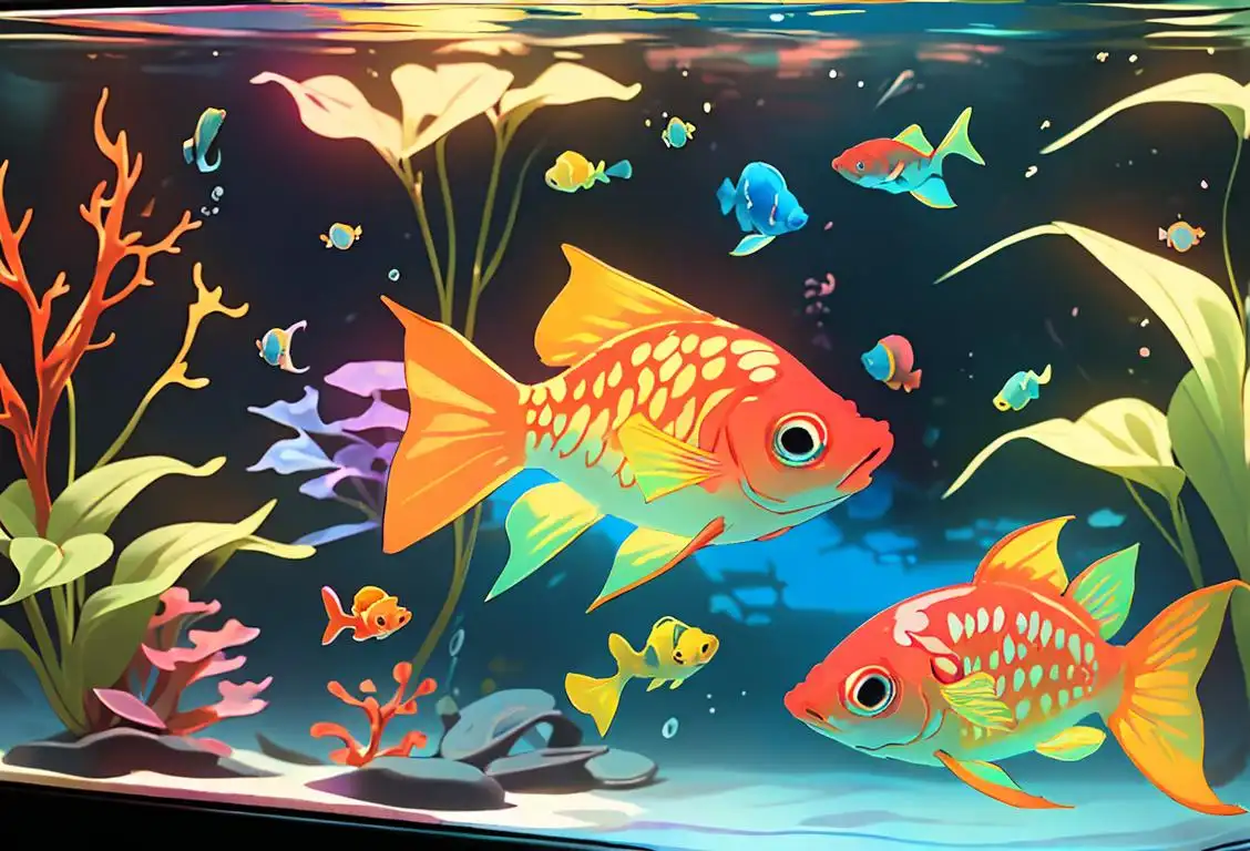 Colorful Molly fish swimming in a vibrant aquarium, with an aquarium enthusiast looking on in awe. The enthusiast is wearing a fish-themed shirt and is standing in a room filled with aquatic decorations and tanks, showcasing their passion for these beautiful fish..