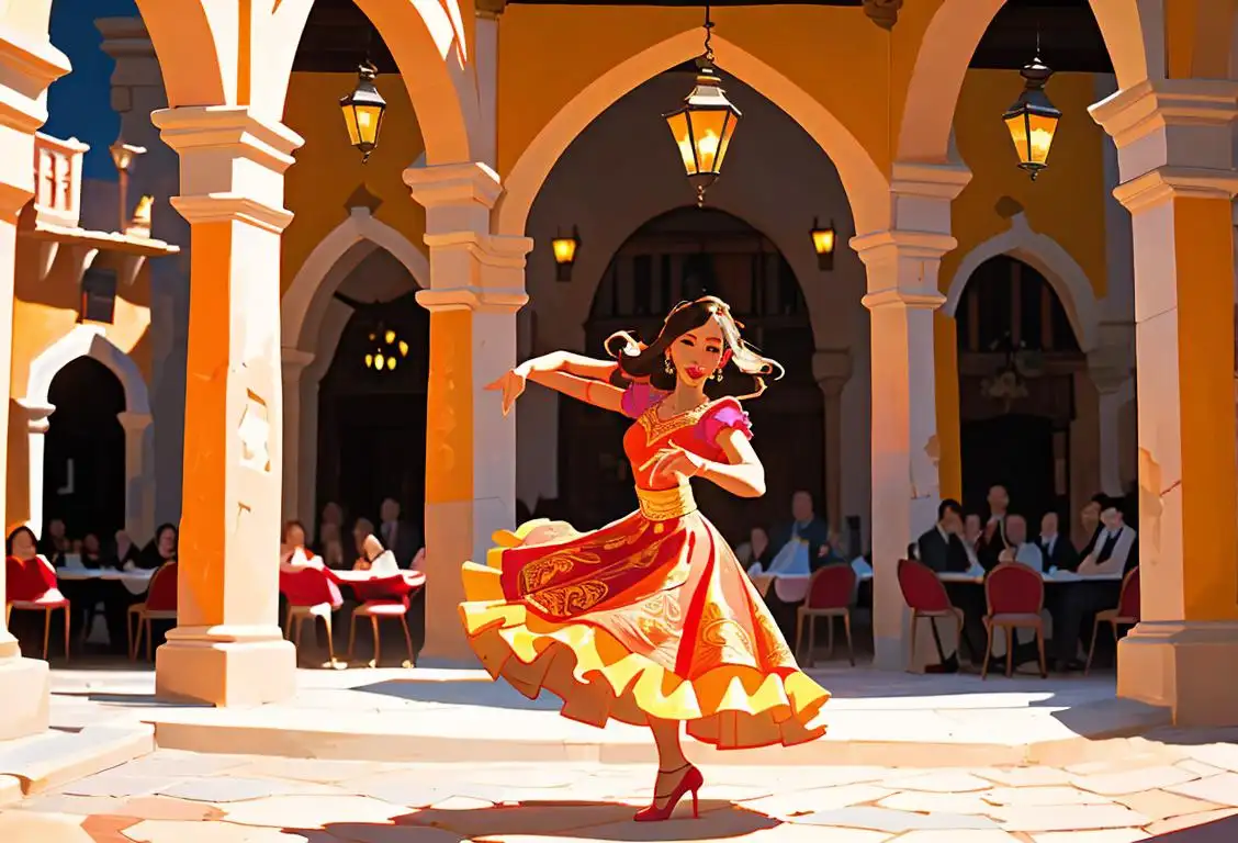 Colorful flamenco dancers swirling their vibrant dresses in a traditional Spanish courtyard, surrounded by delicious tapas and historic architecture..