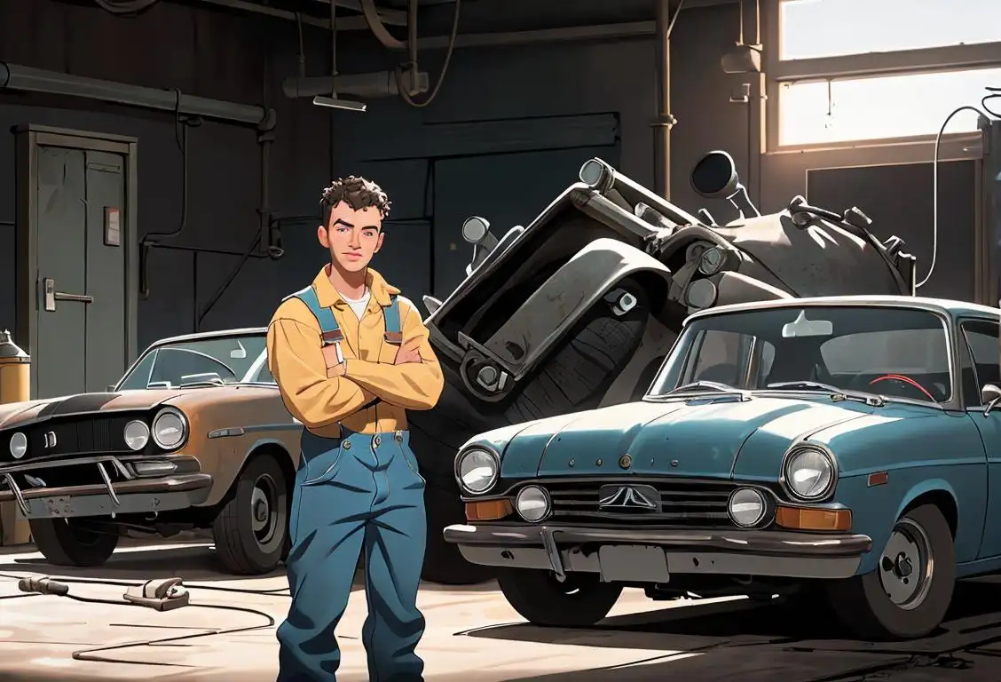 Young mechanic with grease-stained coveralls, holding a diesel fuel nozzle, standing in a modern automotive workshop..