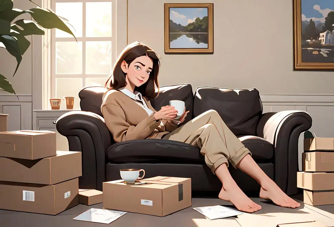 A person sitting on a cozy couch, holding a cup of tea in one hand and a mail order catalog in the other, surrounded by packages filled with excitement and anticipation..