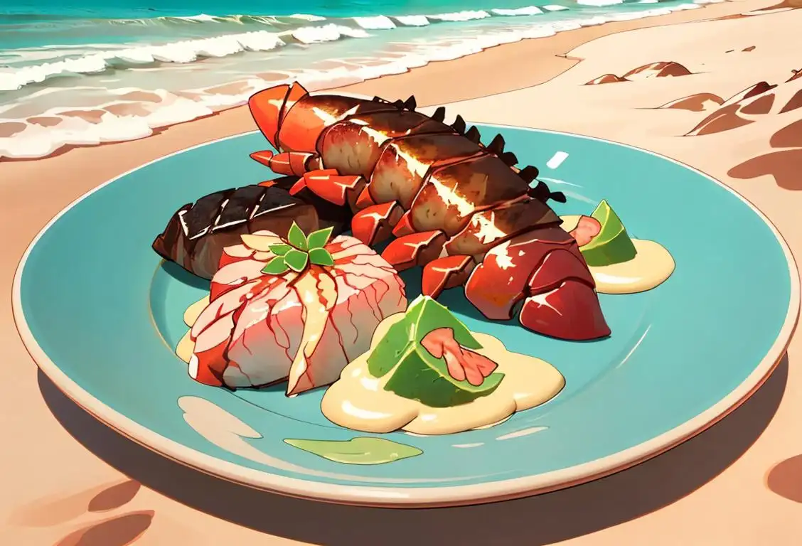 Plate filled with a juicy steak and succulent lobster tail, surrounded by a beach scene with palm trees and ocean waves..