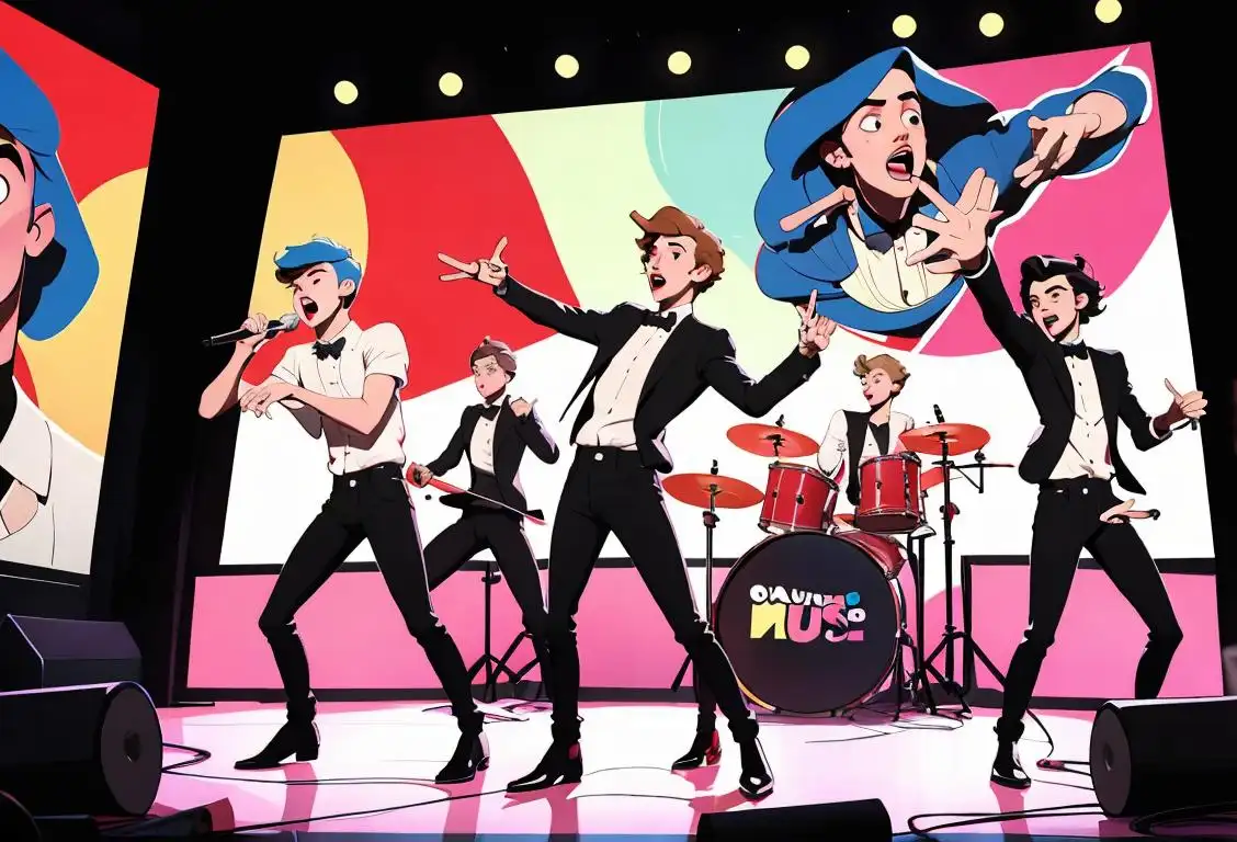 Five young men wearing stylish outfits, singing and dancing in a vibrant music studio, surrounded by posters of the band..