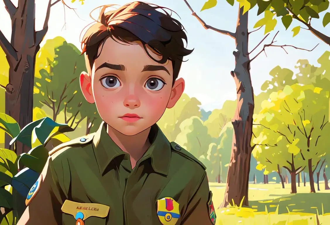 Young child proudly displaying a collection of colorful badges, wearing a scout uniform, outdoor nature scene..