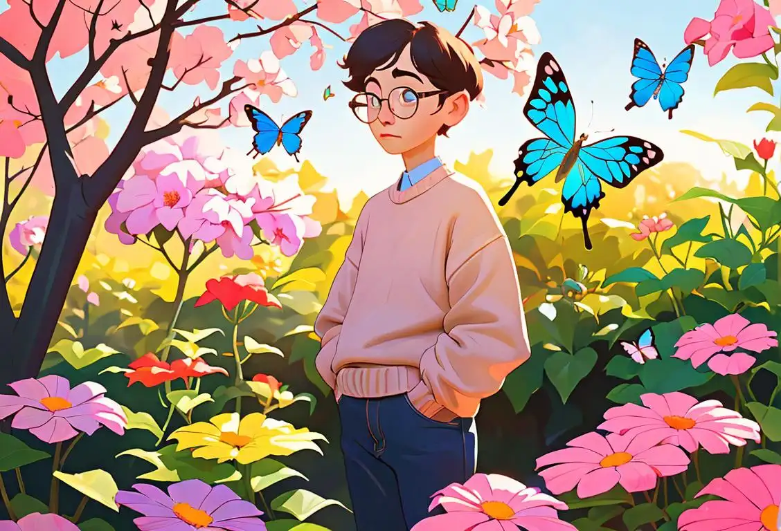 A shy individual wearing a cozy sweater and glasses, standing in a peaceful garden surrounded by colorful flowers and butterflies..