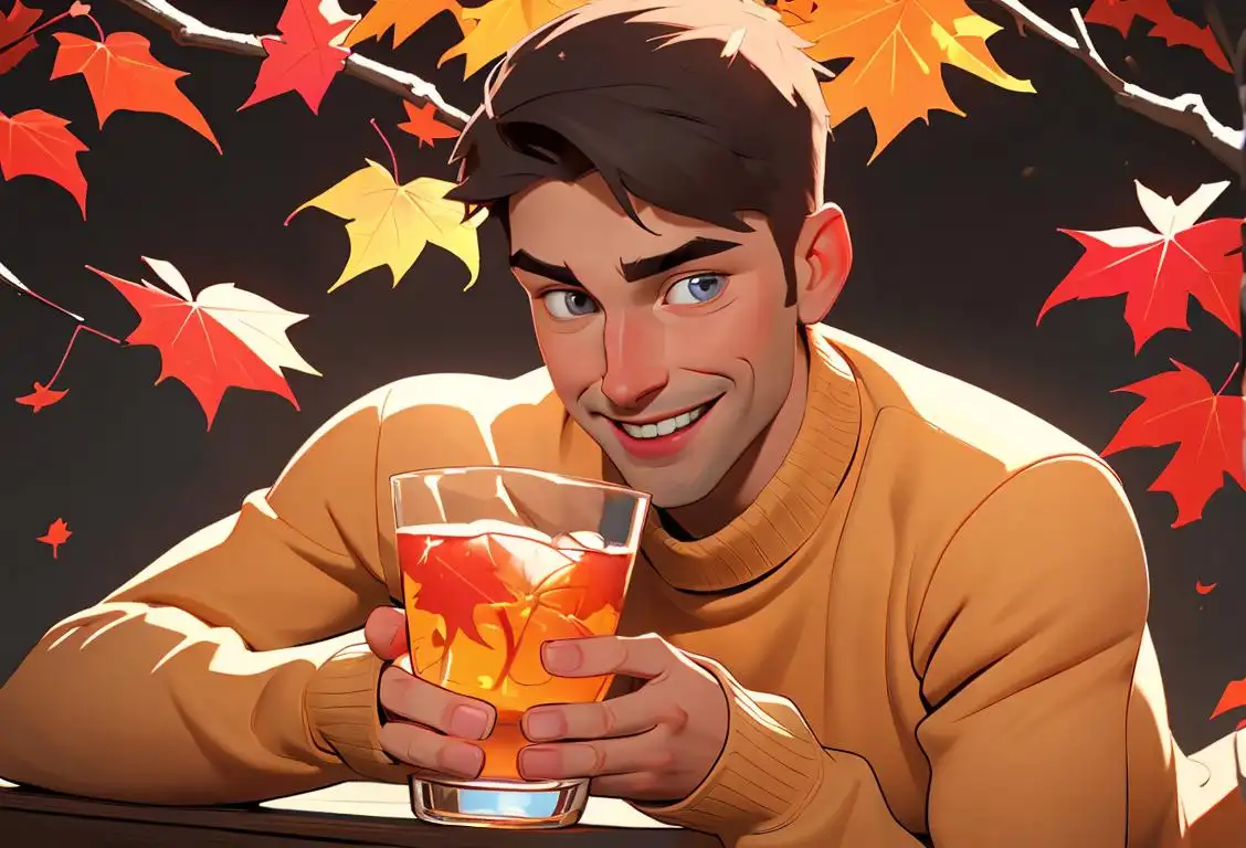 A cheerful person in a cozy sweater, holding a glass of vodka with a smile, surrounded by autumn leaves..