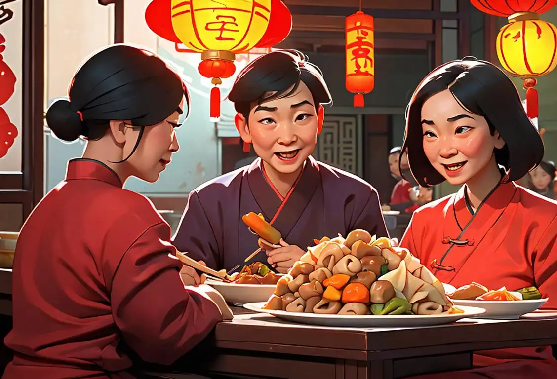 A joyful group of people, enjoying a meal of chop suey, wearing colorful traditional Chinese attire, in a bustling Chinatown setting..