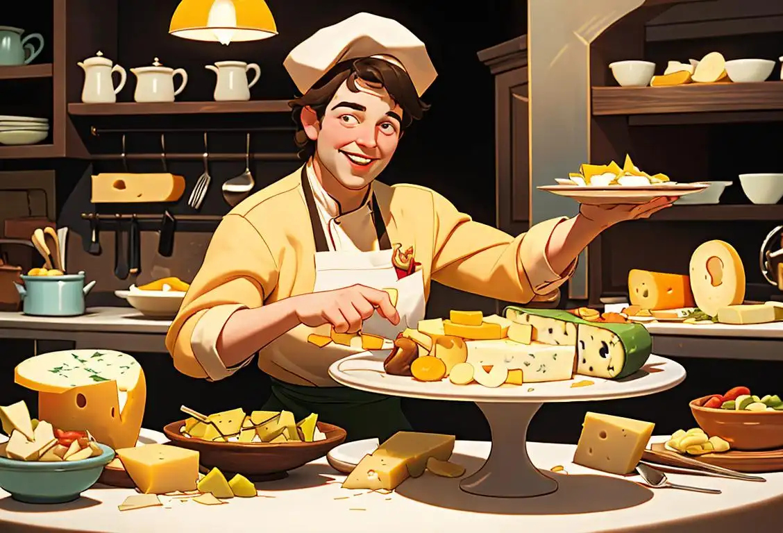 A joyful person holding a platter of assorted cheeses, wearing a chef's hat, surrounded by cheese-related props and decorations, kitchen scene..