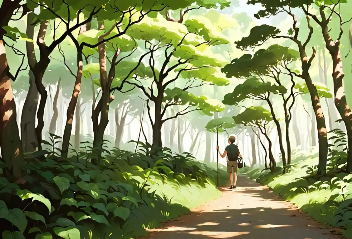 A hiker walking along a serene forest path, carrying a walking stick, wearing comfortable outdoor clothing, surrounded by lush greenery..