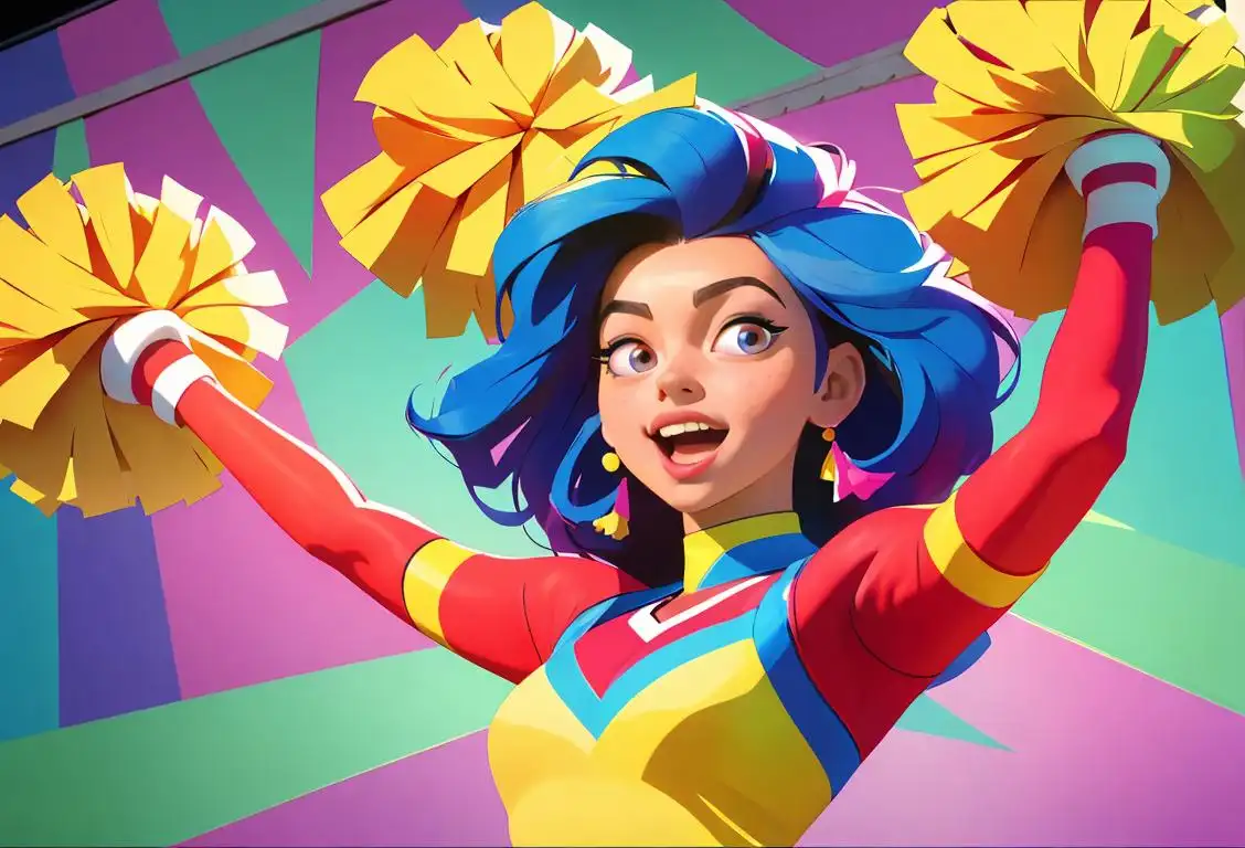A cheerful young person with voluminous hair, wearing a colorful cheerleading outfit, surrounded by vibrant pom-poms..
