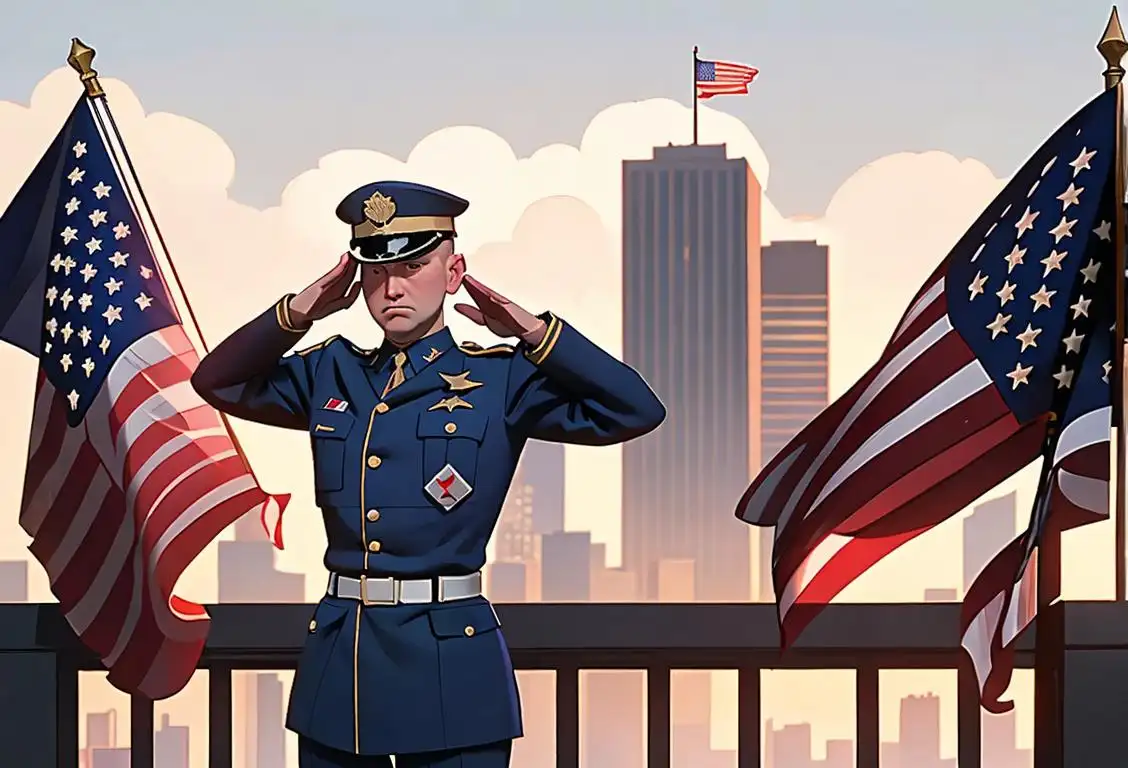 A brave soldier in uniform saluting, surrounded by American flags, standing in front of a city skyline..