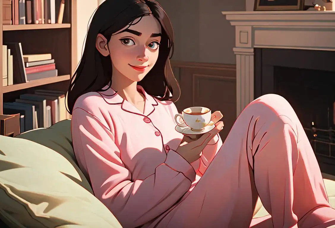 Young person happily embracing solitude, wearing cozy pajamas, surrounded by books and a cup of tea..