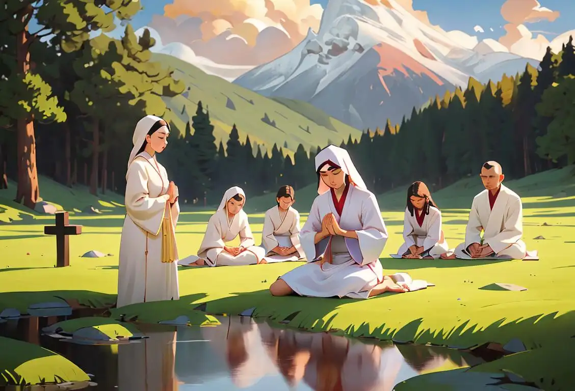 A diverse group of people, some wearing traditional religious clothing, in various serene digital landscapes, engaging in prayer and meditation..