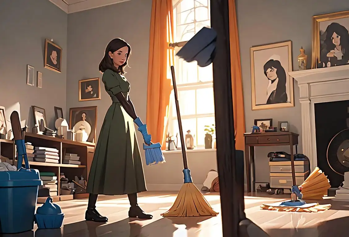 A person wearing rubber gloves and holding a broom, standing in a clean and organized room..