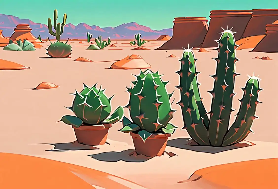 A vibrant photo featuring a collection of cacti in various shapes and sizes, showcasing their resilience and enduring beauty. The cacti are surrounded by a desert landscape, symbolizing their ability to thrive in arid environments. The image also includes a person gently touching one of the cacti, highlighting the appreciation and fascination people have for these prickly plants. The person is wearing a wide-brimmed hat, adding a touch of desert fashion to the scene. The sunny backdrop evokes a feeling of warmth and sunny days, reflecting the positive and uplifting spirit of National Cactus Day..