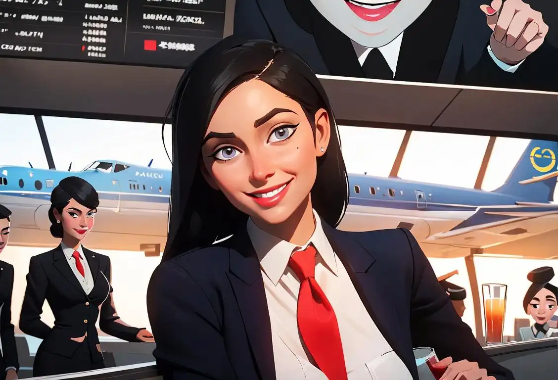 Young flight attendant serving drinks with a smile, wearing a stylish uniform, airport terminal bustling with passengers in the background..