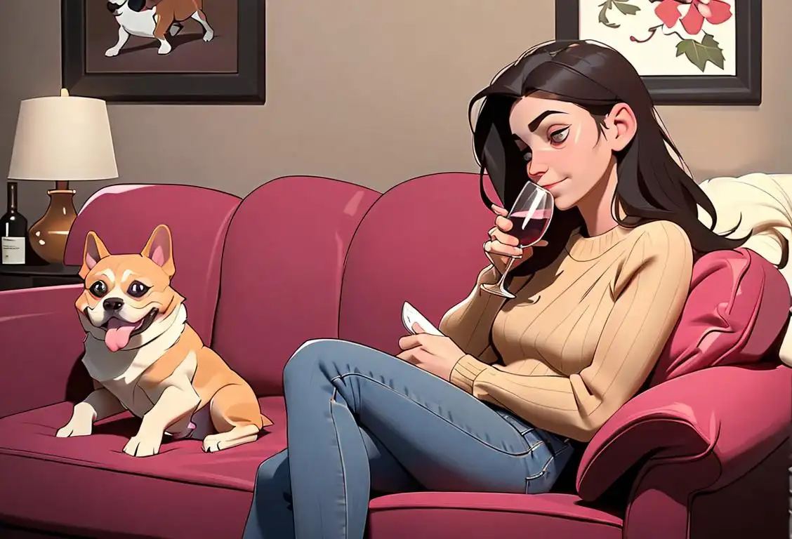 A heartwarming image of a person sitting on a cozy couch, cuddling with their adorable dog, and raising a glass of wine in celebration. The person is wearing casual attire, like a comfy sweater and jeans. The scene is set in a warm, inviting living room with soft lighting and a crackling fireplace in the background..