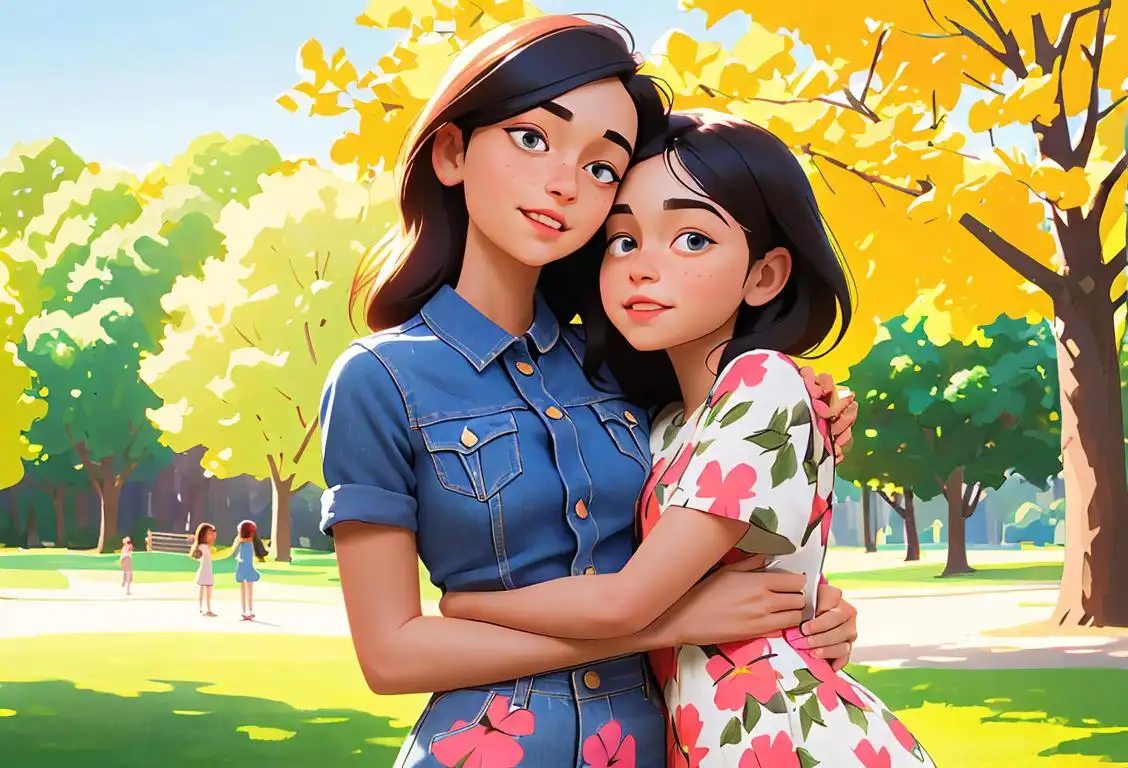 Two sisters hugging, one wearing a floral dress in a park, another in jeans and a t-shirt with a sunny background..